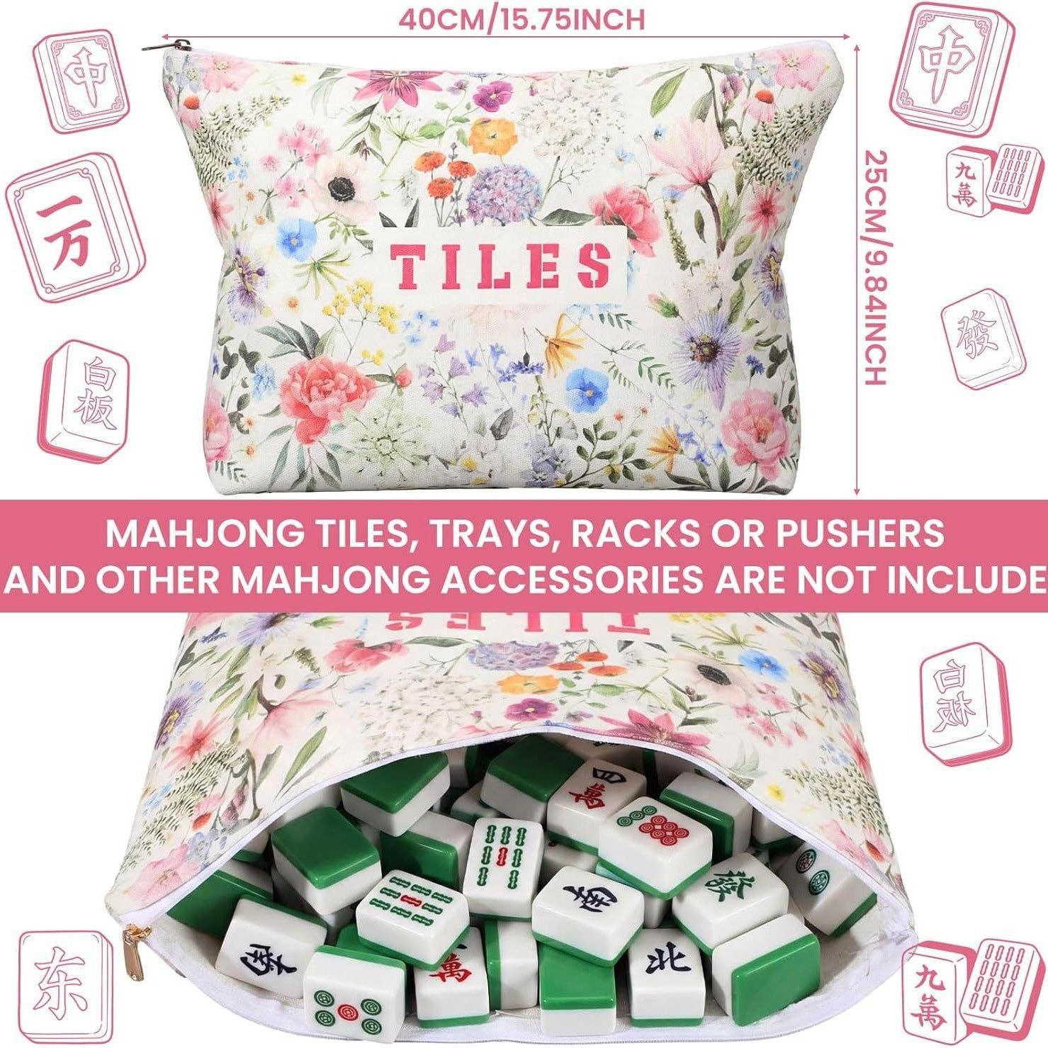 American Mahjong Storage Bag Set, Beige Floral Print 3-Piece Organizer: White
