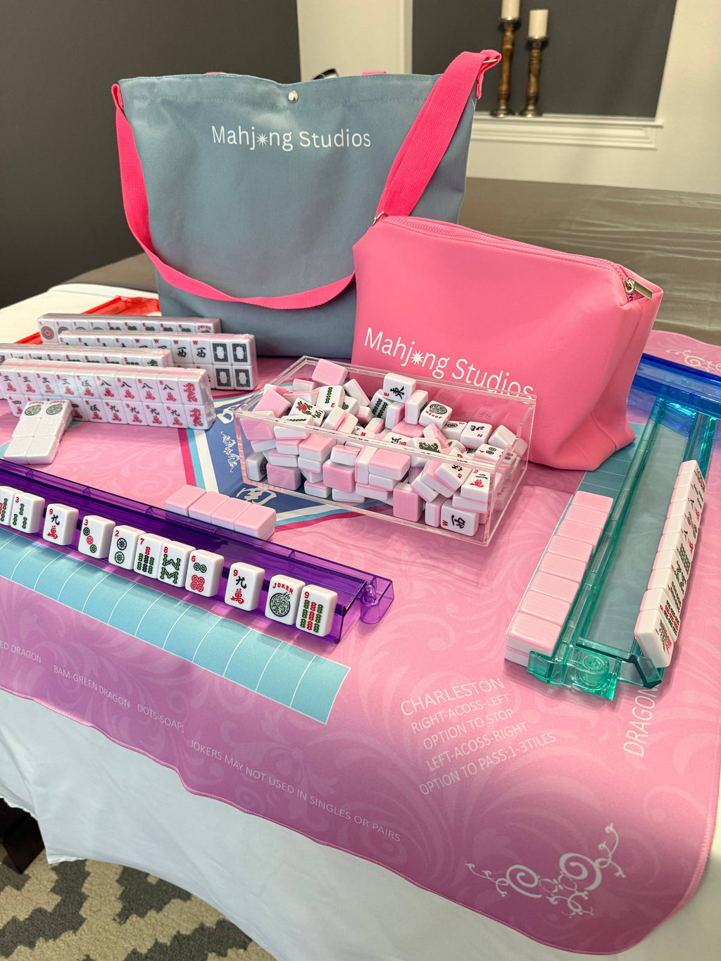All In One - Mahjong Bundle - American Mahjong Set 166 2-Color Tiles - Pink Tiles and Mat: No Rack