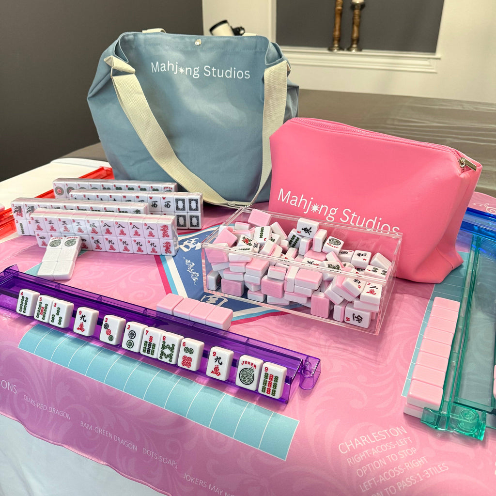 All In One - Mahjong Bundle - American Mahjong Set 166 Tiles - Blue & Tan Bag Pink Mat 2-color Pink Tiles: Purple