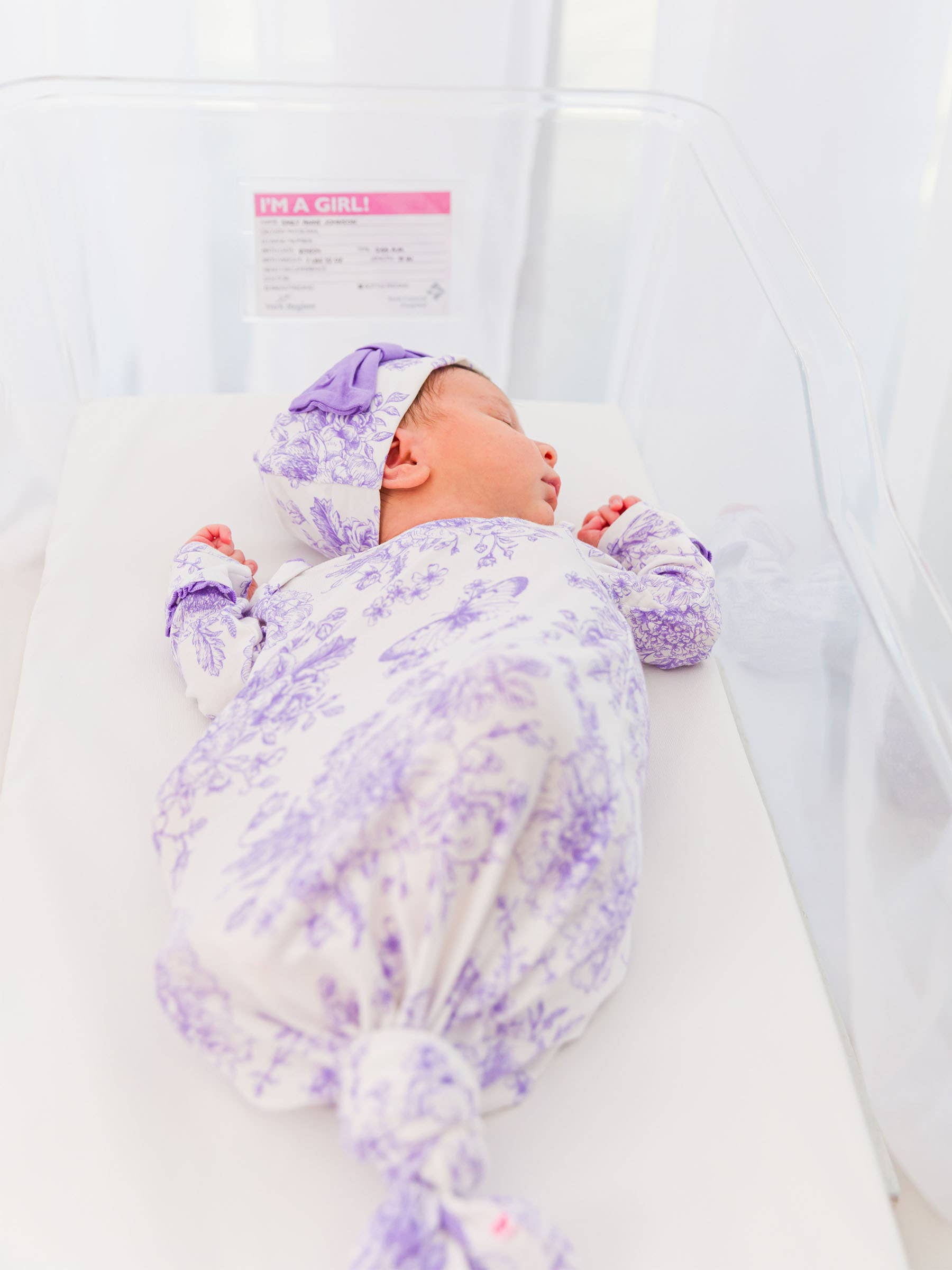 SoftSnooze™ Baby Girls Bamboo Viscose Wisteria Purple Butterfly Garden Toile Ruffle Knotted Sleep Gown & Bow Hat Set: Purple / Newborn-3m