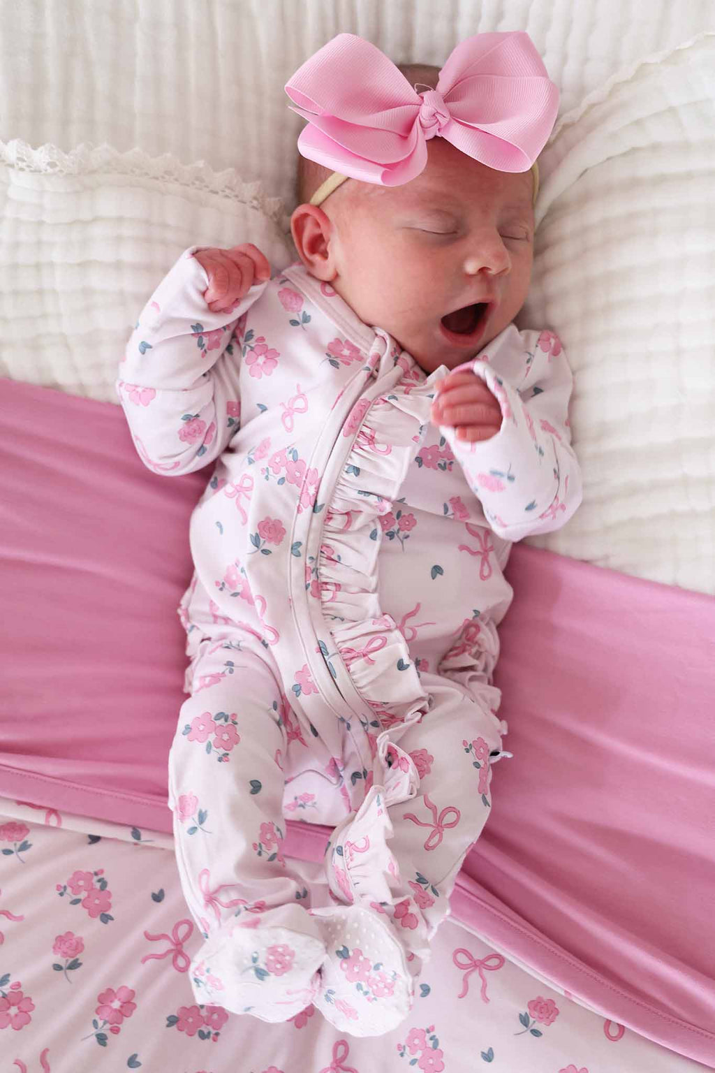 Ribbon & Roses Ruffle Zipper Footie | Pink: 6-9 months