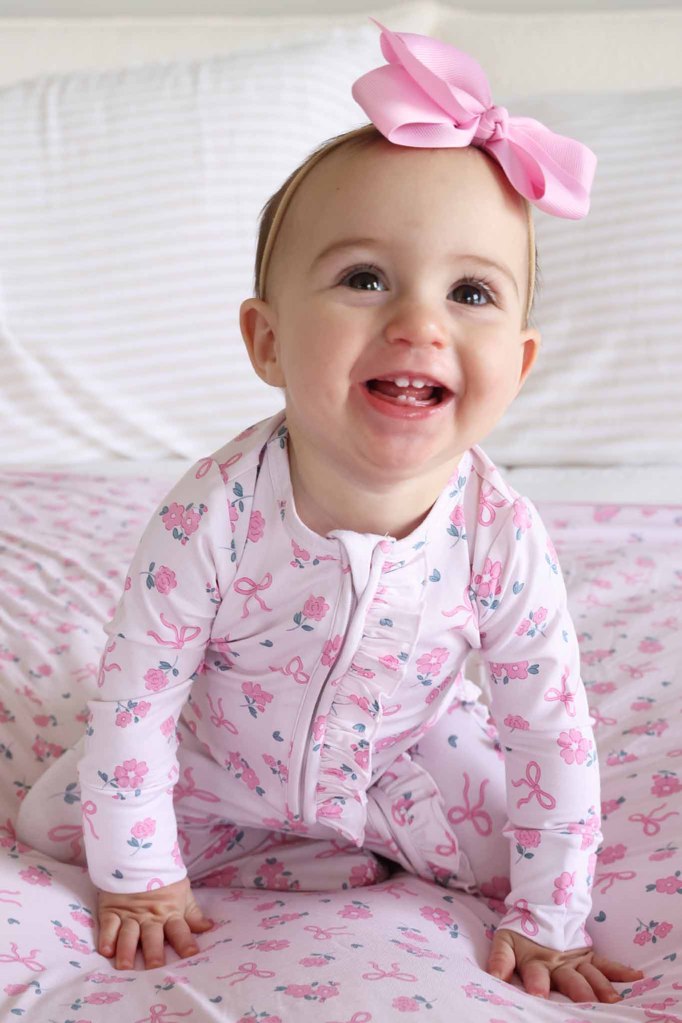 Ribbon & Roses Ruffle Zipper Footie | Pink: 6-9 months