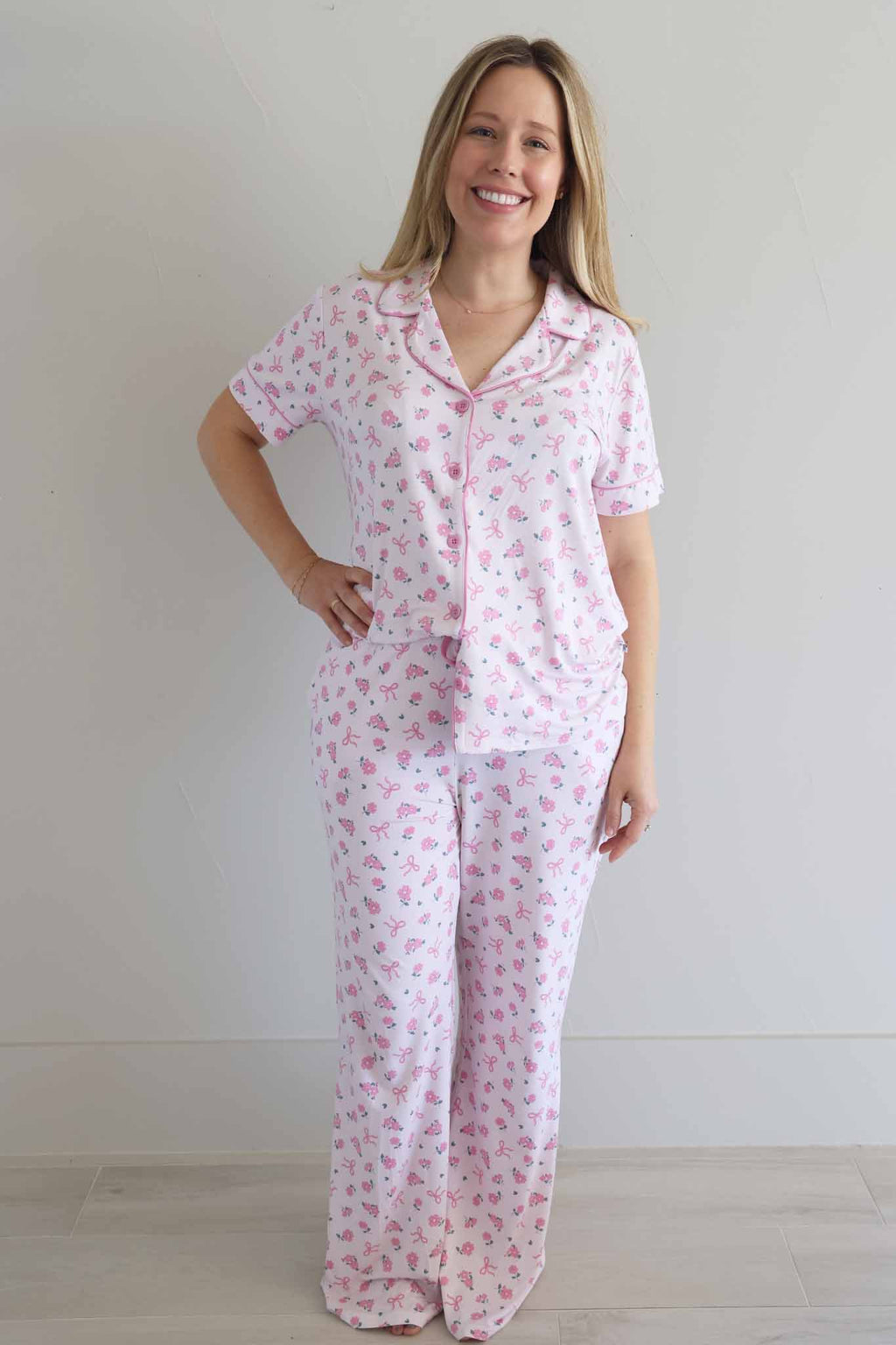 Women's Two Piece Flare Lounge Set | Ribbon & Roses Pink: L