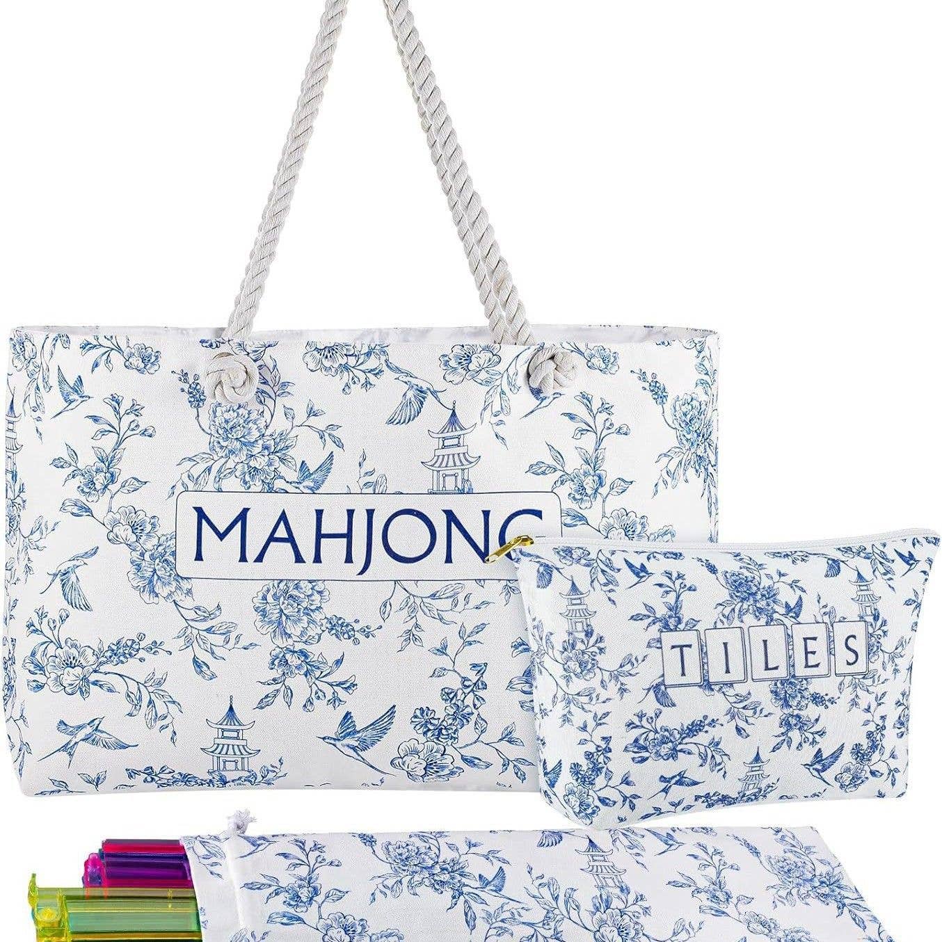 American Mahjong Storage Bag Set, Beige Floral Print 3-Piece Organizer: Light-blue