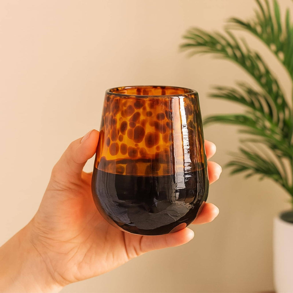 Leopard Print Amber Colored Stemless Wine Glass |  Set of 2