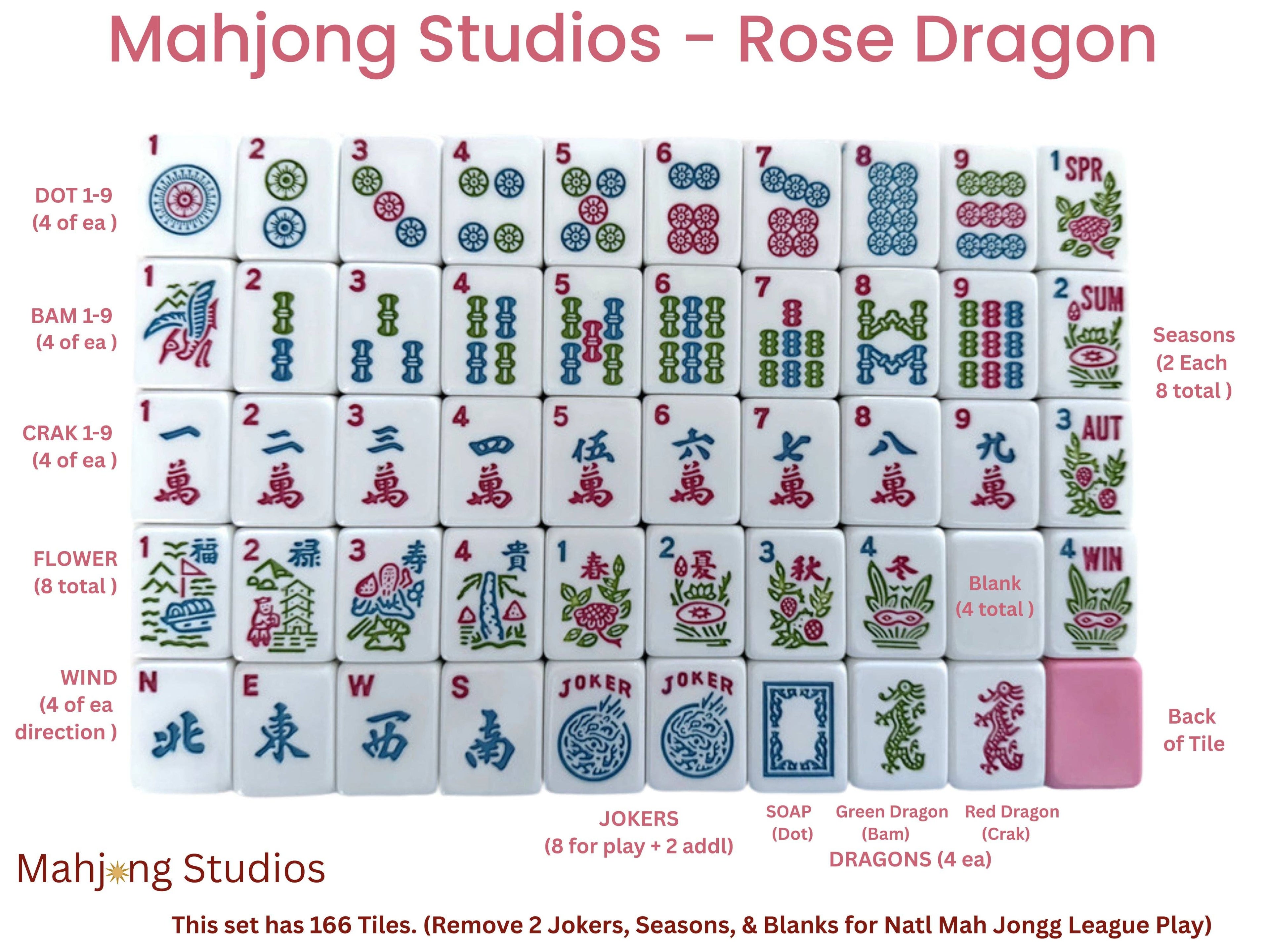 Mahjong Studios – Rose Dragon American Mahjong Tile Set (166 Tiles): All In One - Carry Bag + Tiles & Bag + Mat + Racks + Instructions