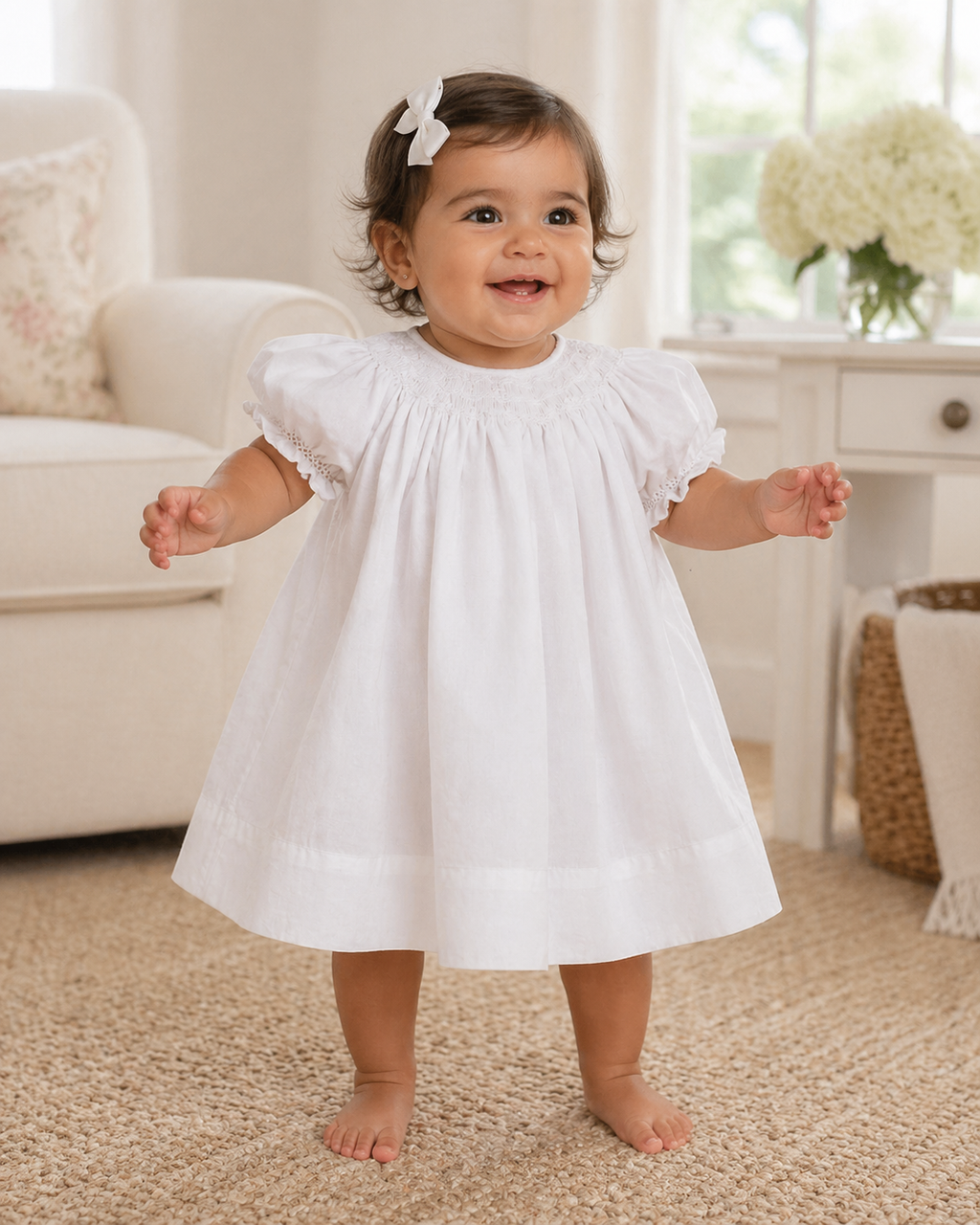 Daygown with Wave Smocking: White / 12 Month