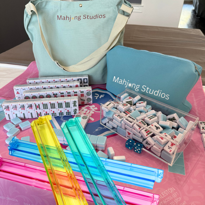 American Mahjong Set 166 Tiles Bundle - Green Bag Pink Mat 2-color blue tiles: Bright Multi