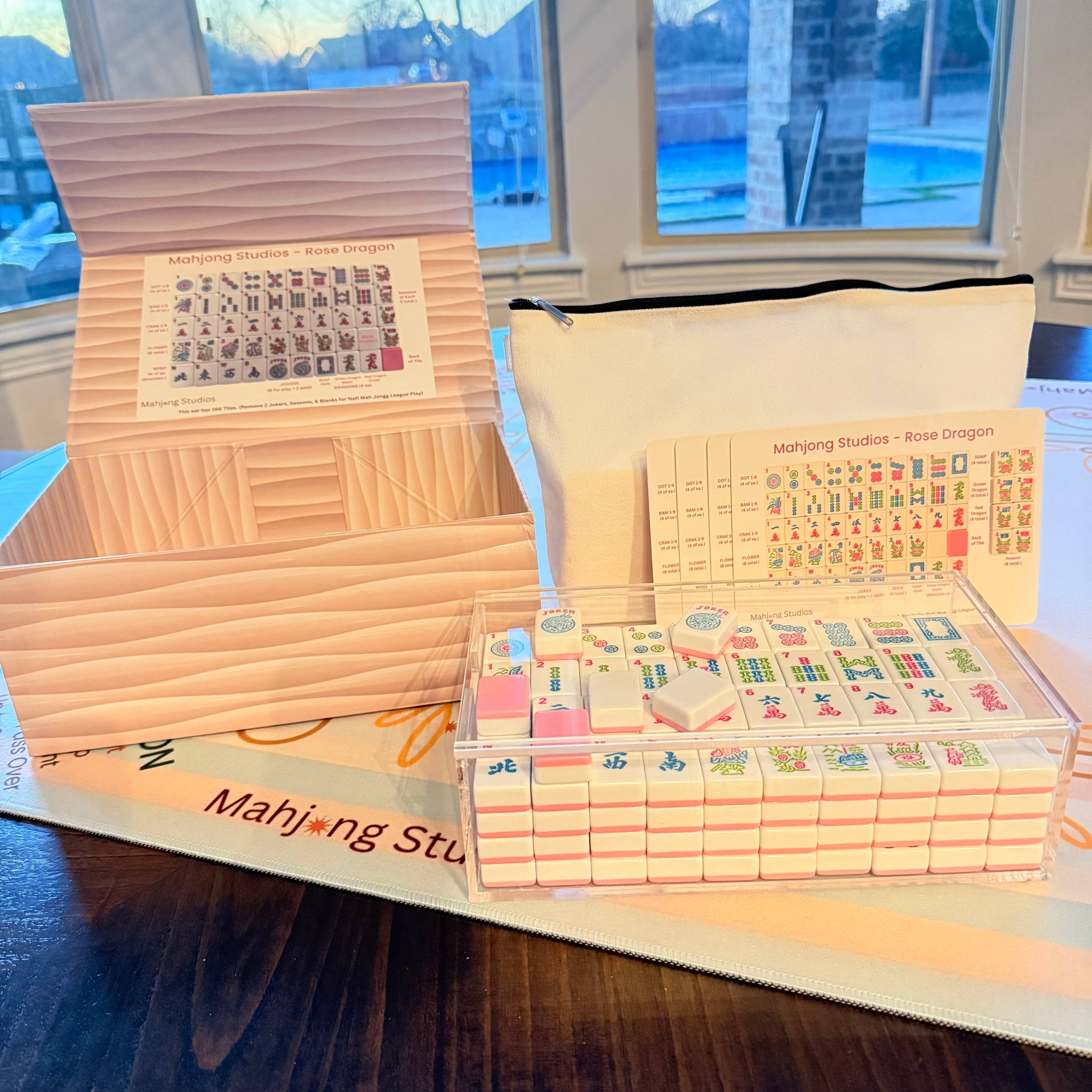 Mahjong Studios – Rose Dragon American Mahjong Tile Set (166 Tiles): All In One - Carry Bag + Tiles & Bag + Mat + Racks + Instructions