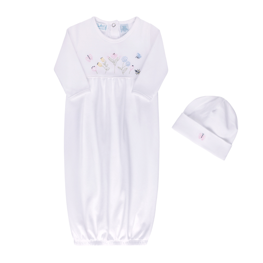 Garden Embroidered Cotton Gown w/Hat: White / NB